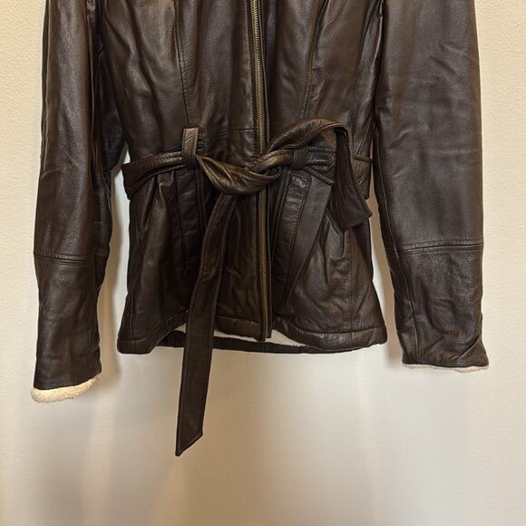 Wilson’s leather hooded parka belted bomber jacket size S dark brown - Picture 3 of 6